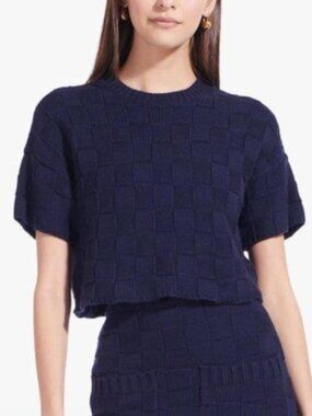 STAUD Basin Basket Weave Sweater Navy Cotton Blend Minimalist Chic L